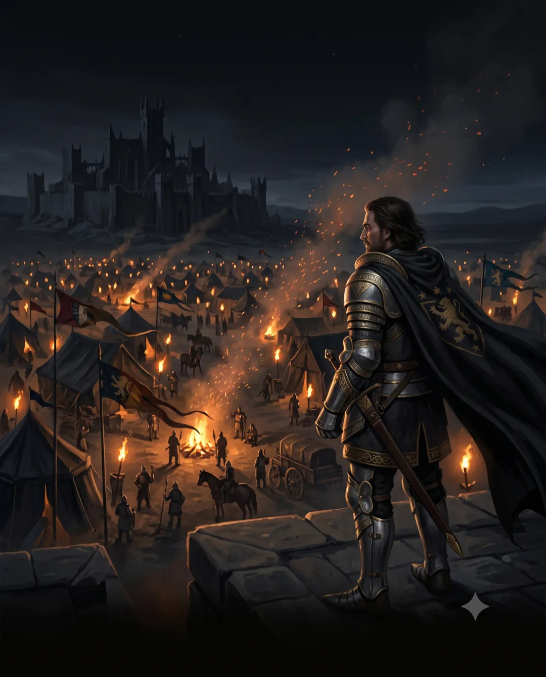 A lord overlooking his torchlit war camp at night